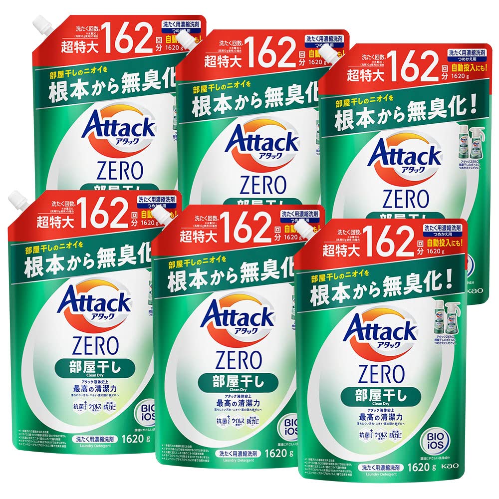 【ケース販売】アタックＺＥＲＯ 洗濯洗剤 液体 部屋干しのニオイを根本から無臭化 部屋干し 詰め替え 1620g　6個