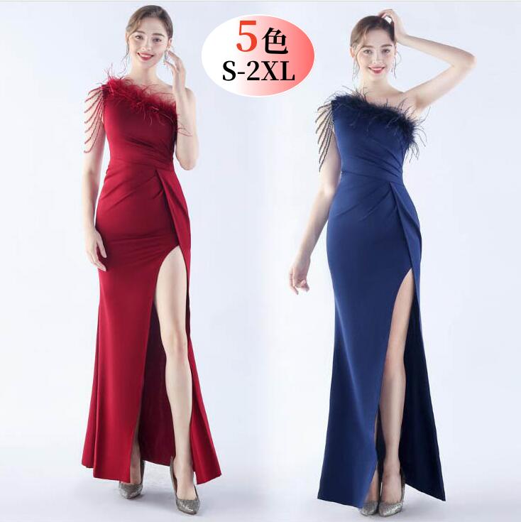ワンショルダー ワンピース ファー付き ドレス 高級感 イブニングドレス dress 衣装 ワンピース エレガント キャバドレス ロングドレス タイトワンピース スリット入り スレンダー 無地 結婚式