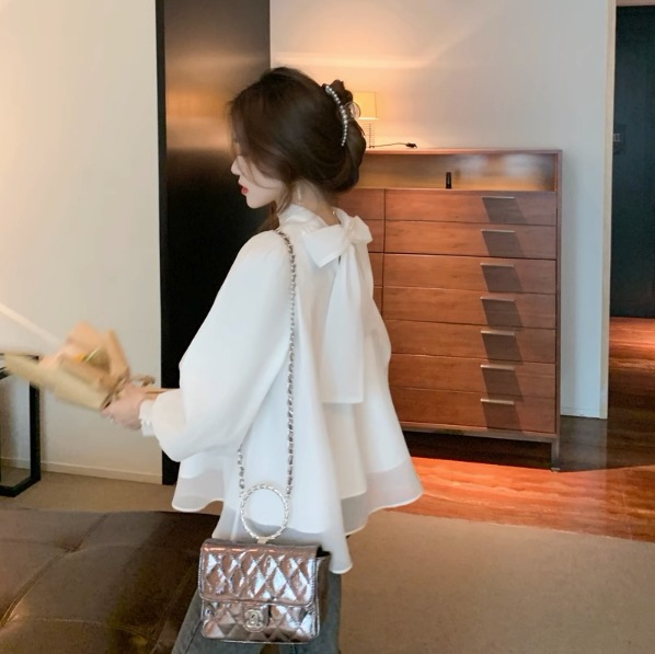 トップス シャツ ブラウス 袖あり 長袖 パフスリーブ 透明感 シフォン リボン 透け感 快適 着心地 かわいい 大人可愛い きれいめ シンプル カジュアル 大人 上品 おしゃれ お洒落 大人女子