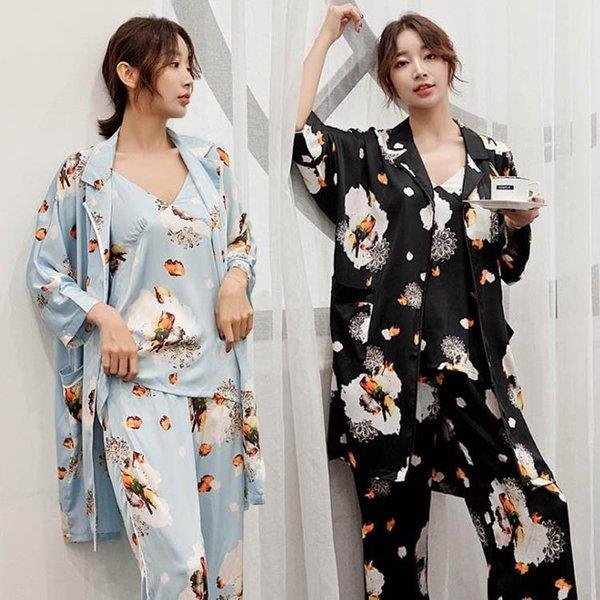 パジャマ ルームウェア レディース3点 春夏秋冬 前開き 長袖ガウン シルク風パジャマ 上下セット