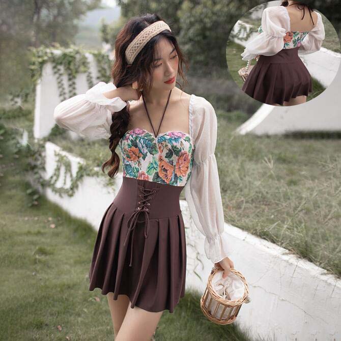 送料無料 韓国風 水着 オールインワン 長袖 ビキニ 小胸 美胸 レディース ミズギ 大きサイズ みずぎ 体型カバー パッド付き ワイヤーなし 女性用水着 タンキニ ママ ワンピース 温泉 背中見せ