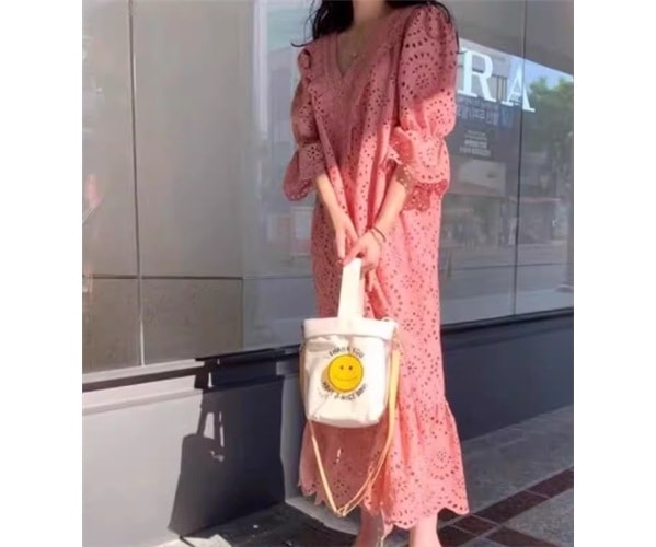 レディース ワンピース プルオーバー ロング 5分袖 7分袖 Vネック フェミニン レース かわいい 大人可愛い きれいめ シンプル カジュアル 上品 おしゃれ レトロ ガーリー ルーズ 存在感