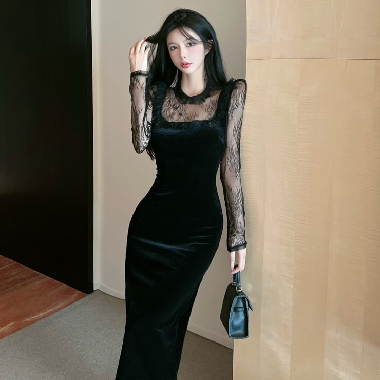 ドレス レディース ワンピース スカート タイトスカート ワンピドレス 膝下 ミディアム丈 長袖 襟なし スリム タイト 細身 Iライン スリット ハイウエスト 透け感 シースルー 薄手 かわいい
