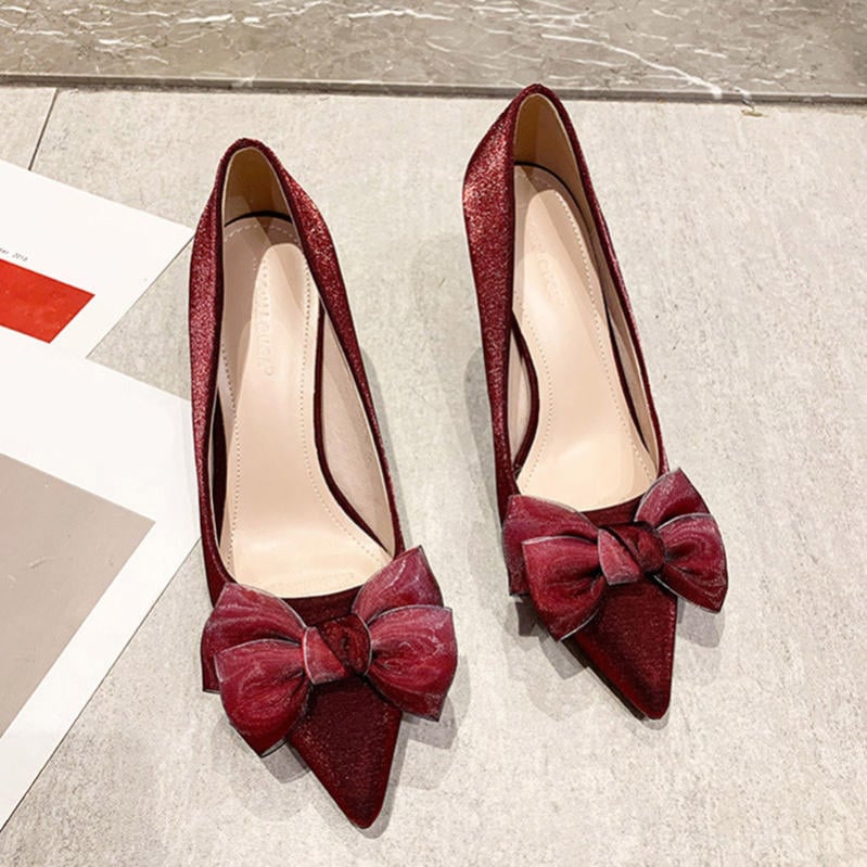 1000円OFFクーポン パンプス ハイヒール ポインテッドトゥ ヒールcm/5cm/7cm パーティー フォーマル ピンヒール 結婚式 パーティ サテン 通勤 リクルート 卒業式 入園式 リボンパン