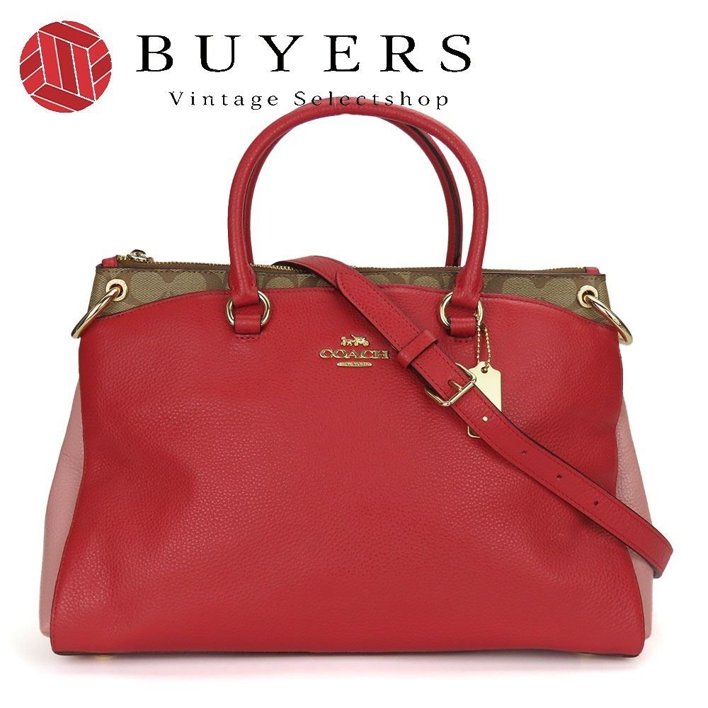 中古 ハンドバッグ F84428 シグネチャー レザー レッド ブラウン ベージュ ゴールド金具 ショルダーバッグ 2WAY レディース 女性