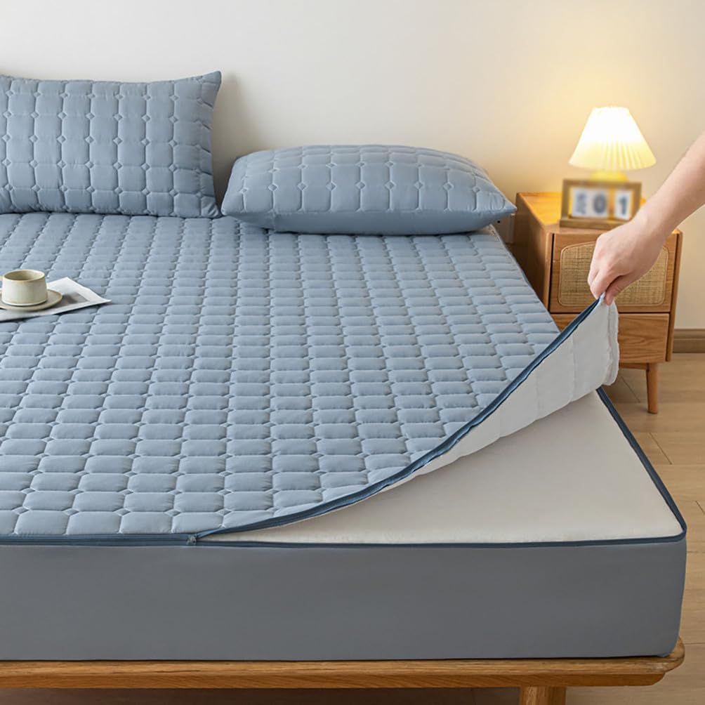 レスカバー 4面ファスナー付き シングルベッドシーツ 複数サイズ 全方位保護レスカバー ソフト 通気性 洗えるレスプロテクター ブルー 80x200x15cm