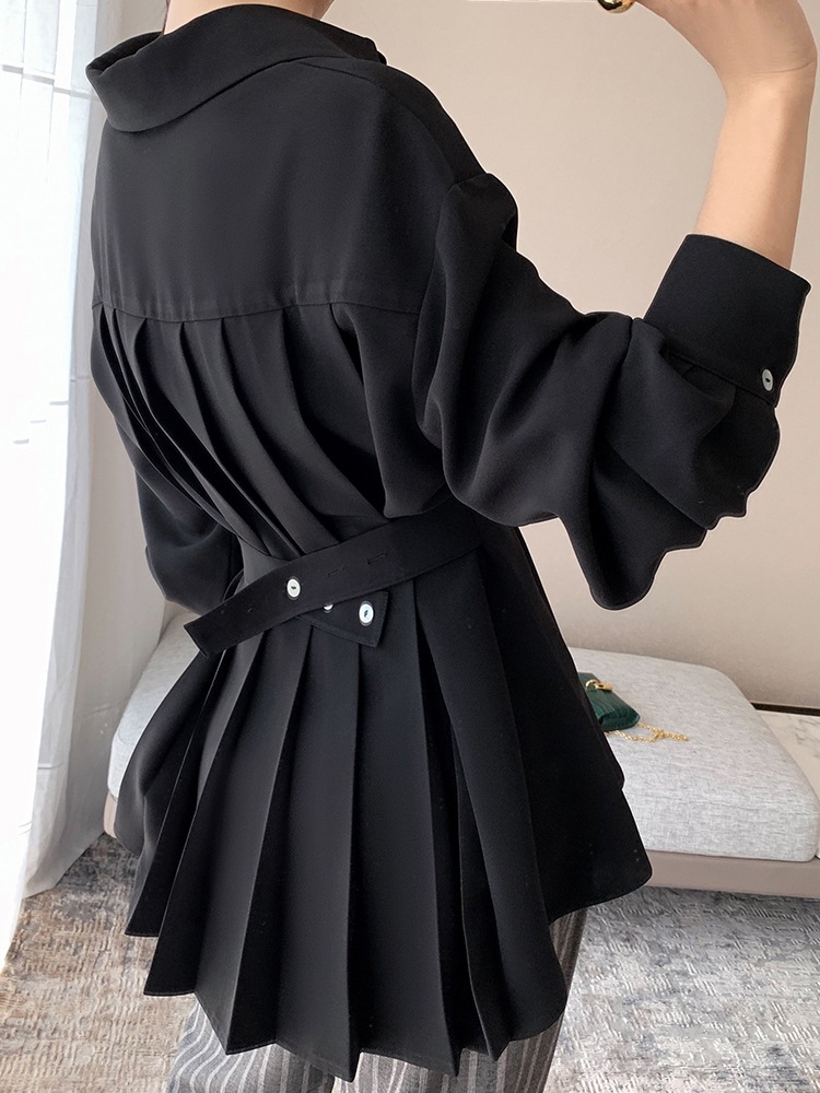 トップス シャツ ブラウス 白シャツ 白トップス 長袖 ドロップショルダー 襟付き ワイド プリーツ ペプラム 切り替えデザイン シフォン 前開き 大人可愛い きれいめ シンプル カジュアル おしゃれ