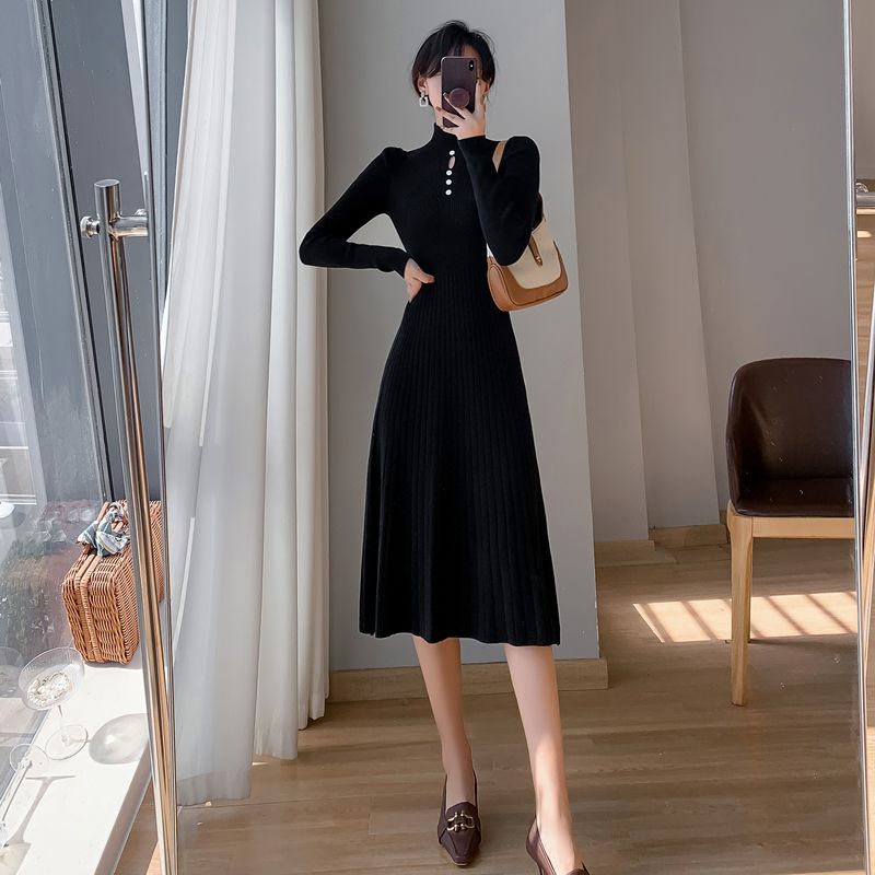 春のワンピース フレンチヴィンテージ ハイネック ニッチデザイン 透かし彫り スリミング 着痩せ 気質 質感 ニット ワンピース 母の日30%制限