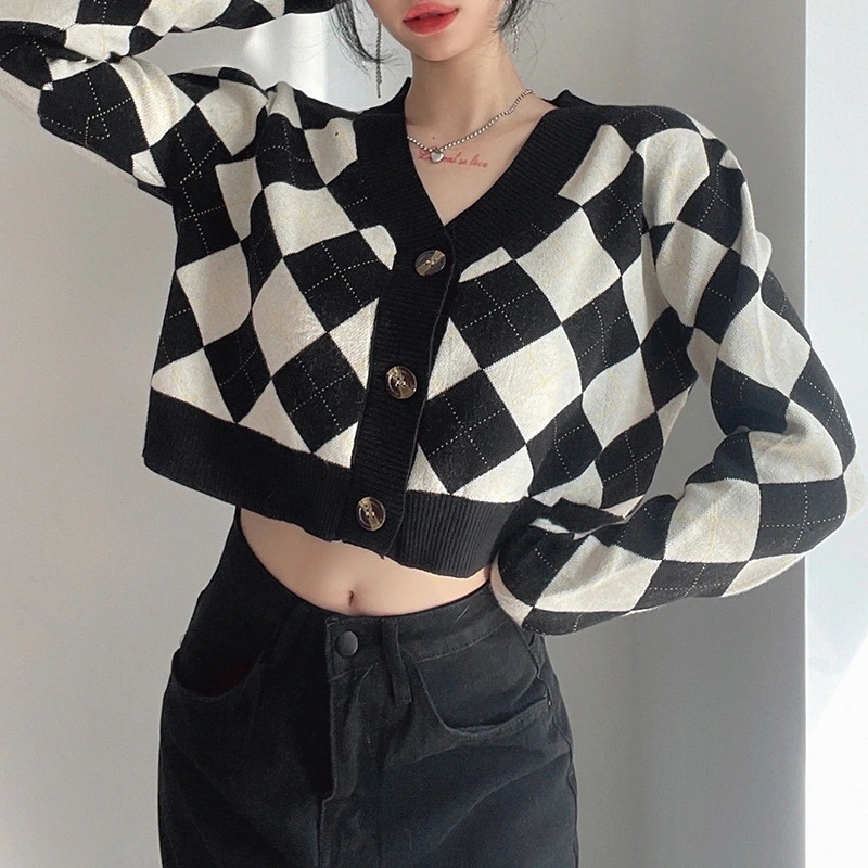 トップス レディース セーター カーディガン ショート丈 クロップド丈 袖あり 長袖 Vネック アーガイルチェック柄 Vネック ニット 前開き 春 秋 おでかけ ママ モテ レイヤード ブラック
