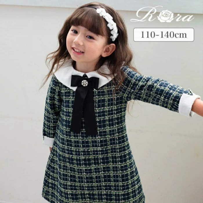 Rora ワンピース 通販 パハリータ ブローチ付きワンピース 子供服 ワンピ 長袖 フォーマルワンピース ツイード リボン 女の子 キッズ 子供 こども 子ども 入園 卒園 入学 結婚式 パーティー