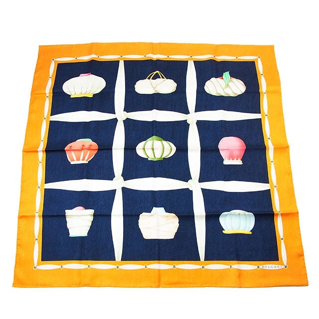 スカーフ 大判サイズ ファッションアイテム柄 ネイビー オレンジ系 中古