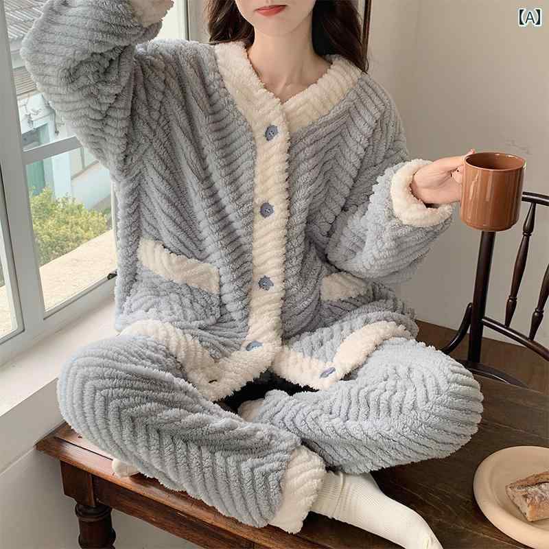 ルームウェア レディース パジャマ 部屋着 ガーリー コーラルベルベット フランネル 秋冬 長袖 暖かい レース Vネック プルオーバー カーディガン スクエアネック ホームウェア セット チェック柄 5,402円