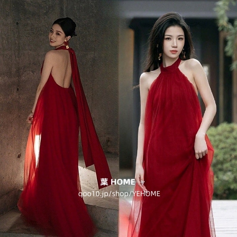 パーティードレス レッド ウエディングドレス 二次会 結婚式ドレス 安い 花嫁 フォトウエディング ビーチフォト 前撮り 後撮り 披露宴 激安 露背 リボン結び