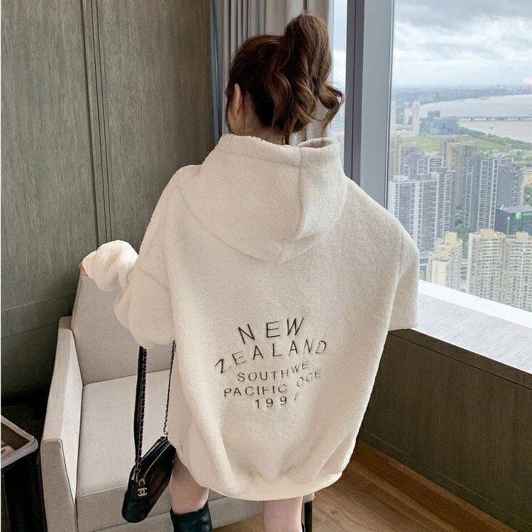 背中ロゴ刺しゅう ボアフリース カンガルーポケット トップス プルオーバー パーカー フーディー 4,896円