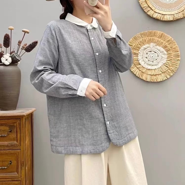 レディース トップス シャツ ブラウス 長袖 丸襟 フェミニン ストリート ヴィンテージ 切り替えデザイン バイカラー 配色 ドッキング かわいい 大人可愛い シンプル カジュアル おしゃれ レトロ