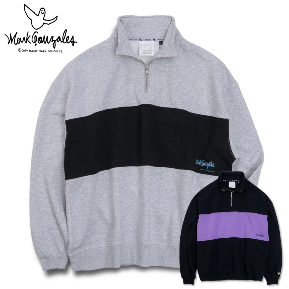 (What it isNt) ART BY MARK GONZALES / マークゴンザレス ハーフジップ 裏起毛 ビッグトレーナーメンズ ロゴ 黒 杢グレー L/XL カジュアル ストリ