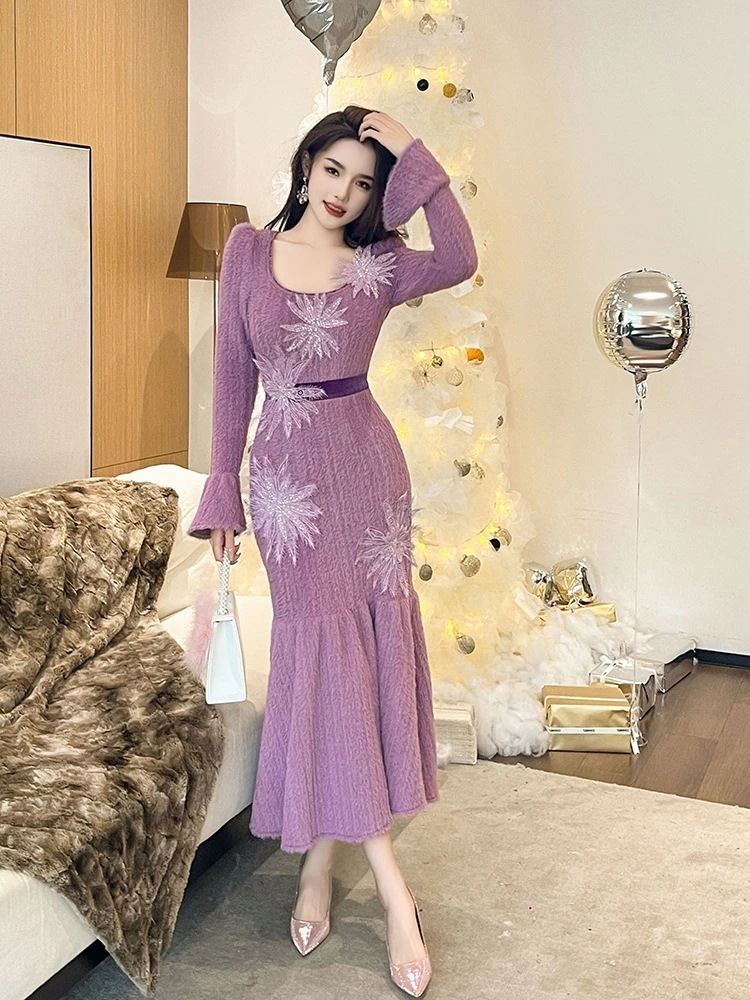 キラキラドレススーパーフェアリー長袖ワンピース気質パーティードレス演奏会発表会クリスマスワンピースウェディングドレス花嫁ロングドレス成人式同窓会卒業式ドレス