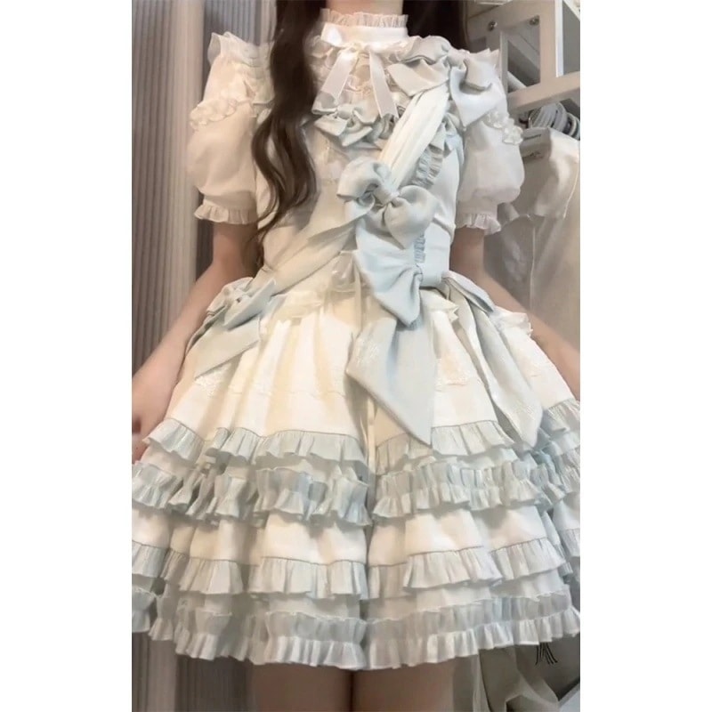 [コスプレ] 青と白の甘いロリータドレスかわいいリボンレースプリンセススカート