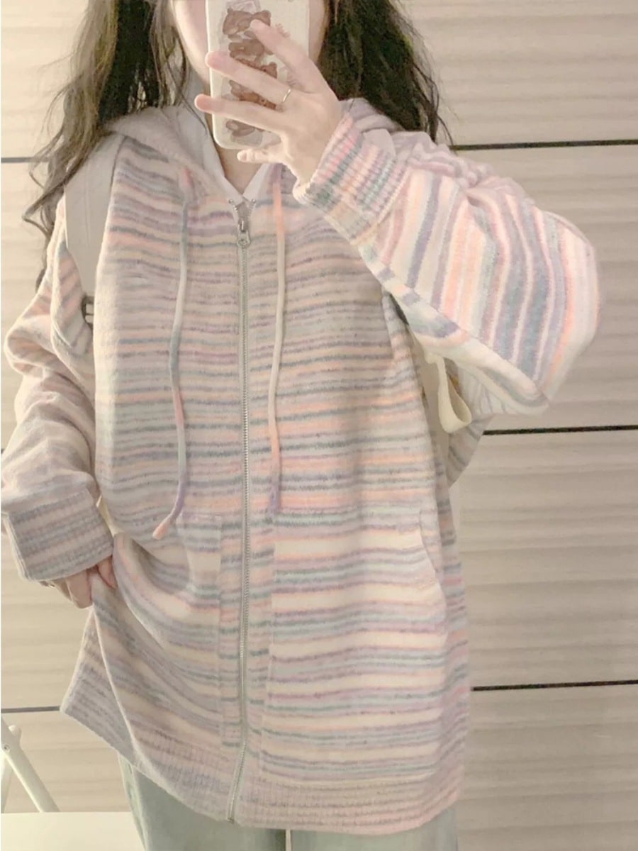トップスカーディガンカラーストライプニットセーター女性の秋の小衆気だるい風ニットカーディガンジップ長袖カジュアルトップスアウター
