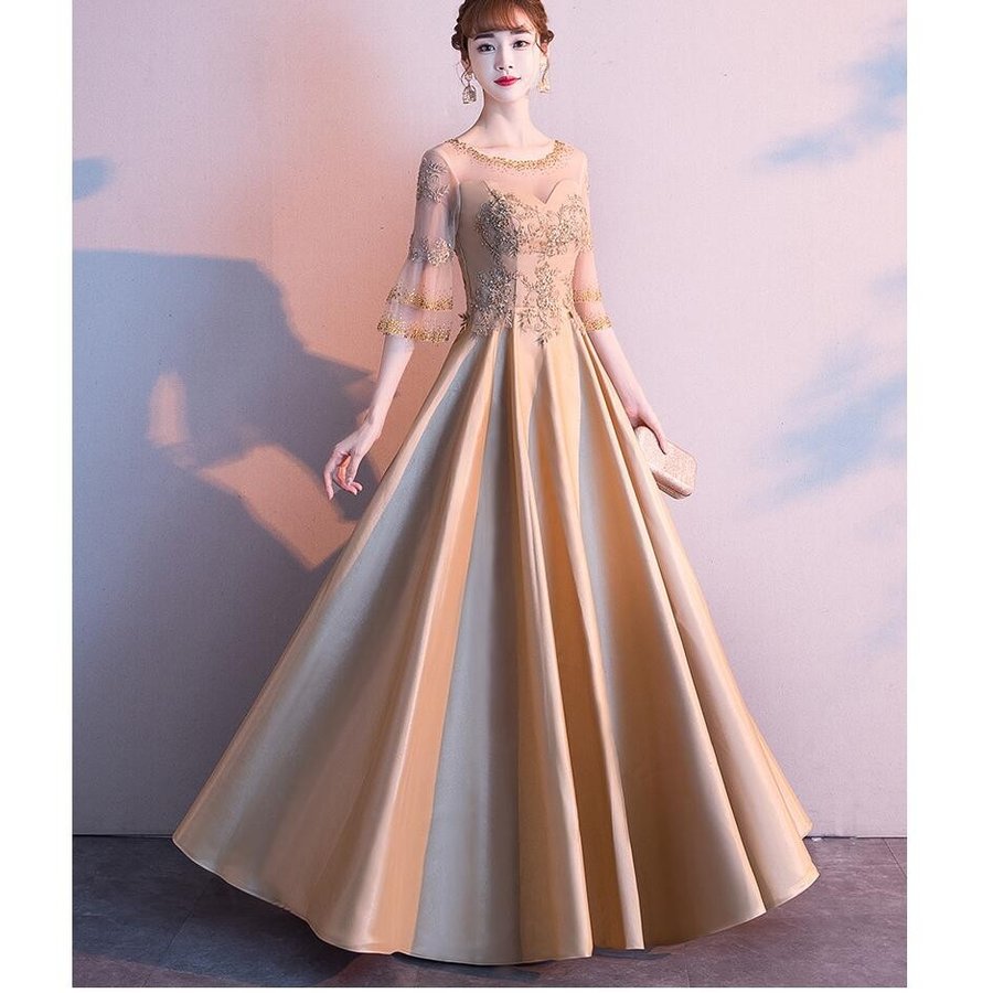 袖あり ロングドレス マキシワンピース プリンセスドレス 花嫁の介添え 結婚式 二次会 演奏会 発表