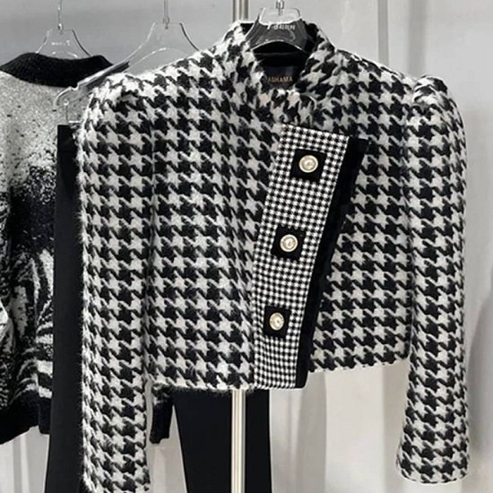 【取寄：納期2週間】ジャケット レディース ショート丈 長袖 千鳥格子柄 アウター コート ジャケット レトロ ボタン ジャケット レディース 柄物 モノクロ ジャケット レディース ショート丈 長袖