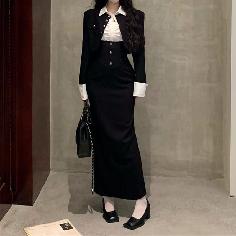 春と秋のためのフランス風の高級レディーススーツセット：ショートジャケット長袖シャツボディコンスリットスカートスリーピースセット