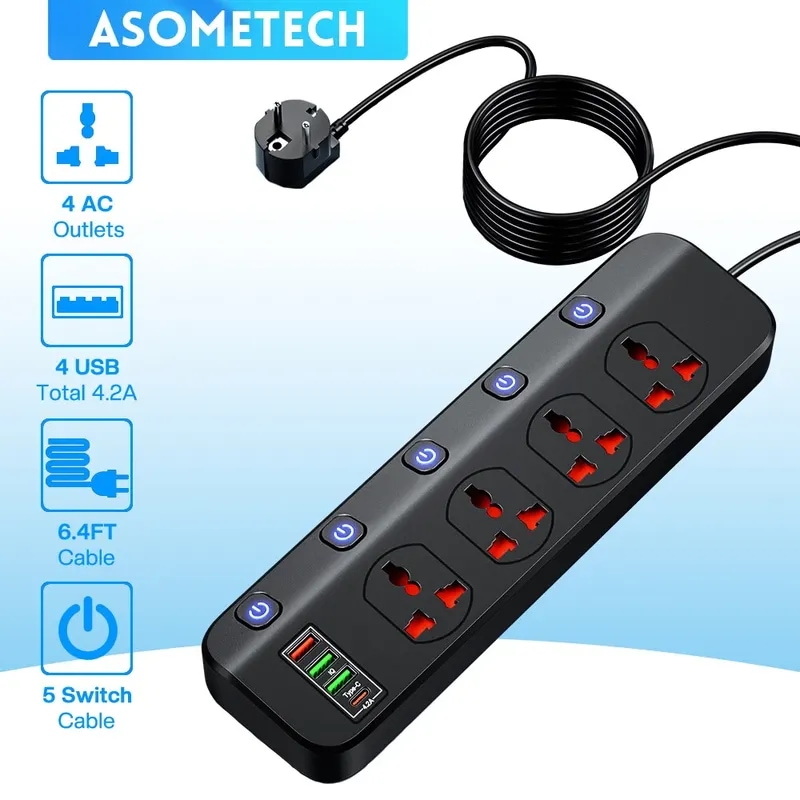 2500wパワーストリップ過負荷保護4ユニバーサルソケット5スウィッチ4 USB充電ポートUSB C充電器1.97m延長ケーブル 14,105円