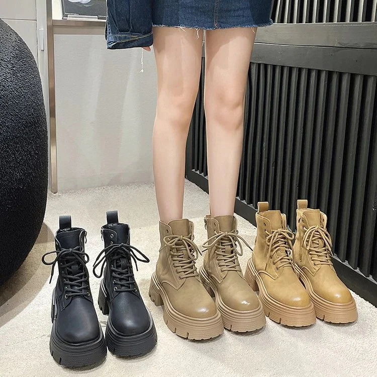 マフィン厚底女性24とのブリティッシュスタイルレースアップショートブーツ厚い薄いショートブとバイクブーツ