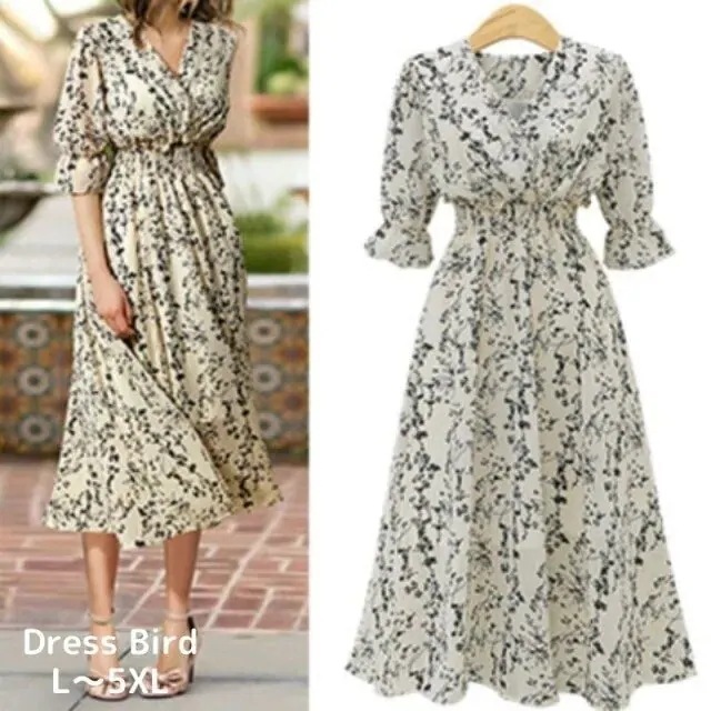 新作 ワンピースドレスワンピース フレアワンピース 花柄 ハイウエスト Vネック 韓国 フェミニン 大きいサイズ 2XL