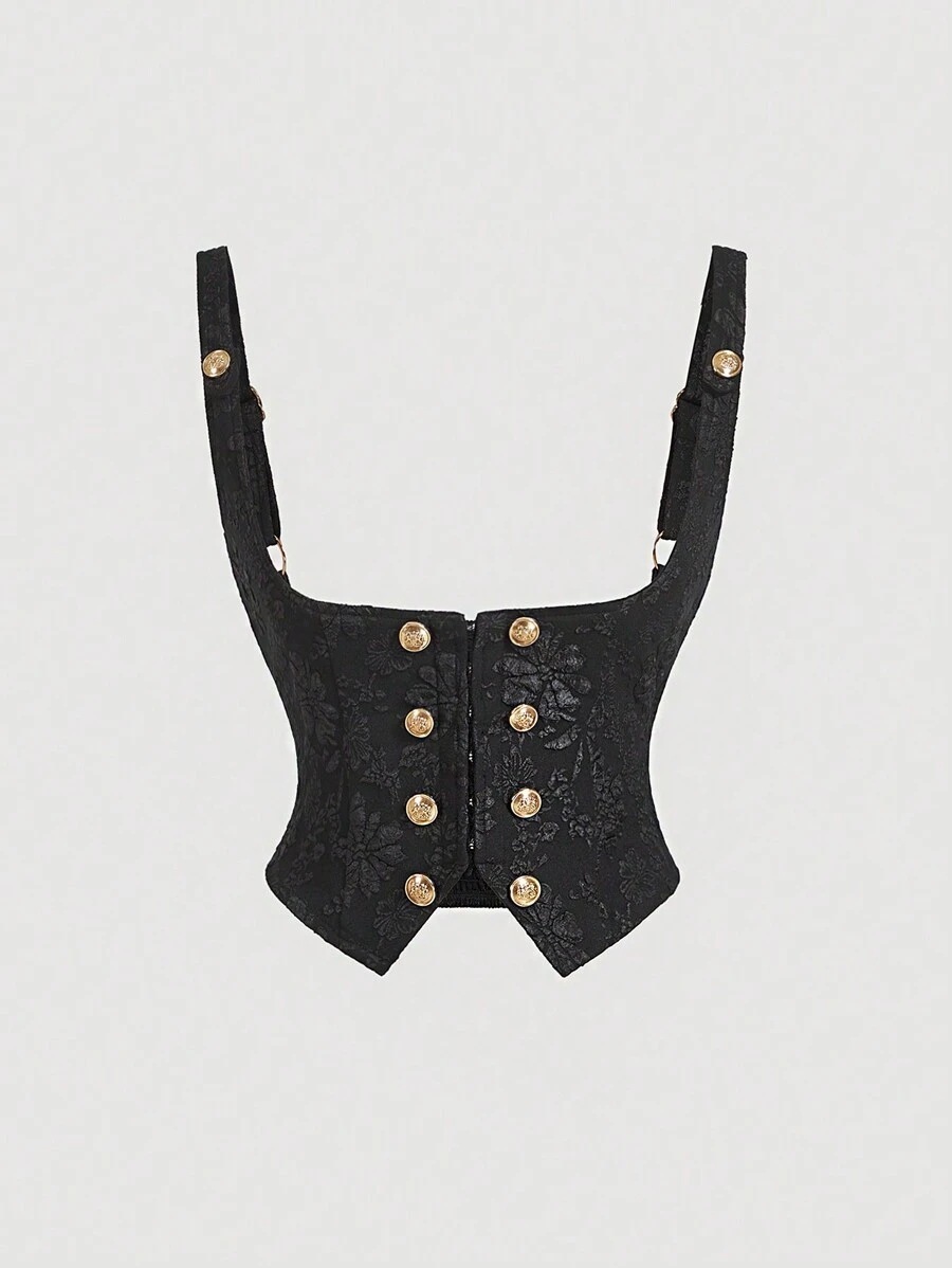 SHEIN MOD レディース カジュアル フロントボタン ワイドストラップ ミニマリスト ブラウス 日常着用ヴィンテージファッションレディースウェア