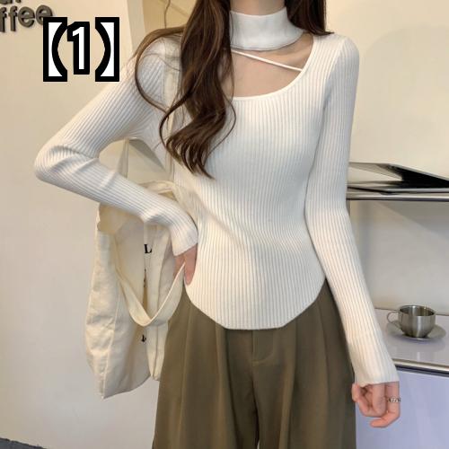 セーター レディース カットアウト デコルテ見せ チョーカー風 秋冬 鎖骨 リブニット スリム おしゃれ 長袖 無地 白 黒 ベージュ