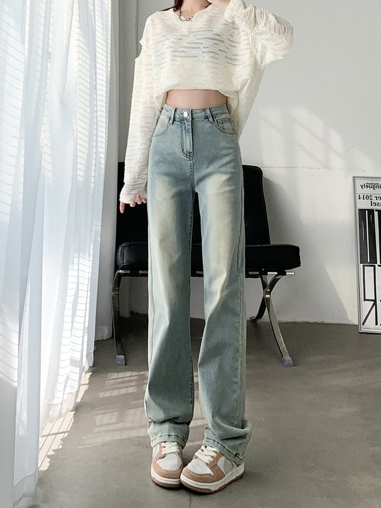 ウォッシュドブルーナローストレートジーンズ女性春秋冬秋と秋の新作ハlイウエスト薄型プラスロングサブインハイストリート潮