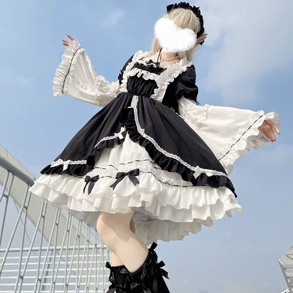 ロリータ 二次元 オリジナル白夜オーロラopロリータワンピース取り外し可能姫袖夏の4点セットハロウィンクリスマスパーティー仮装30%までに制限
