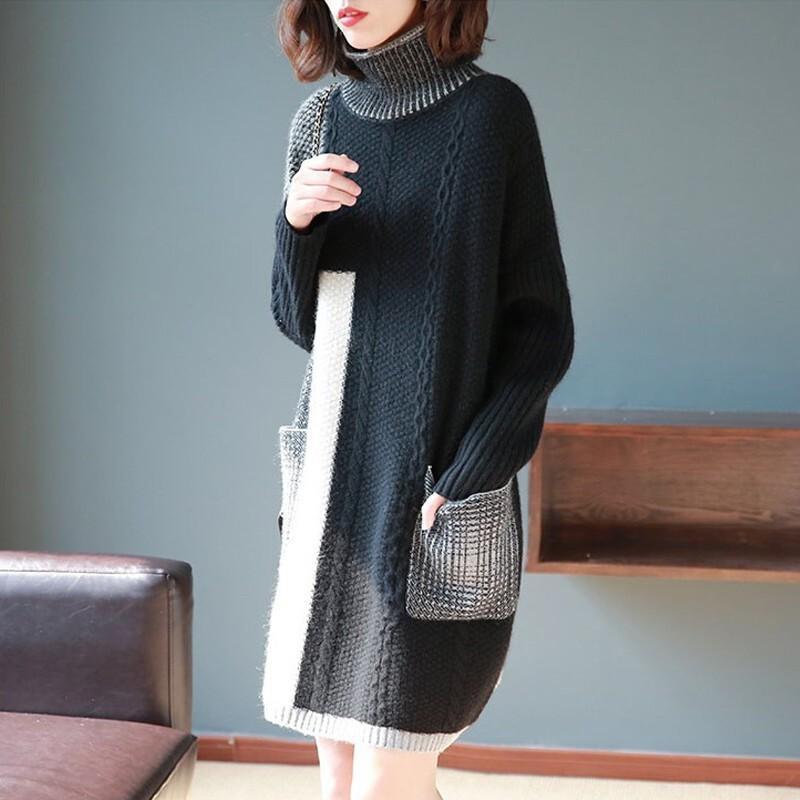 ニットワンピース レデース 秋 長袖 膝丈 ニット ワンピース ハイネック 切り替え Aライン ゆったり 体型カバー 着痩せ 秋コーデ 通勤 30代 40代