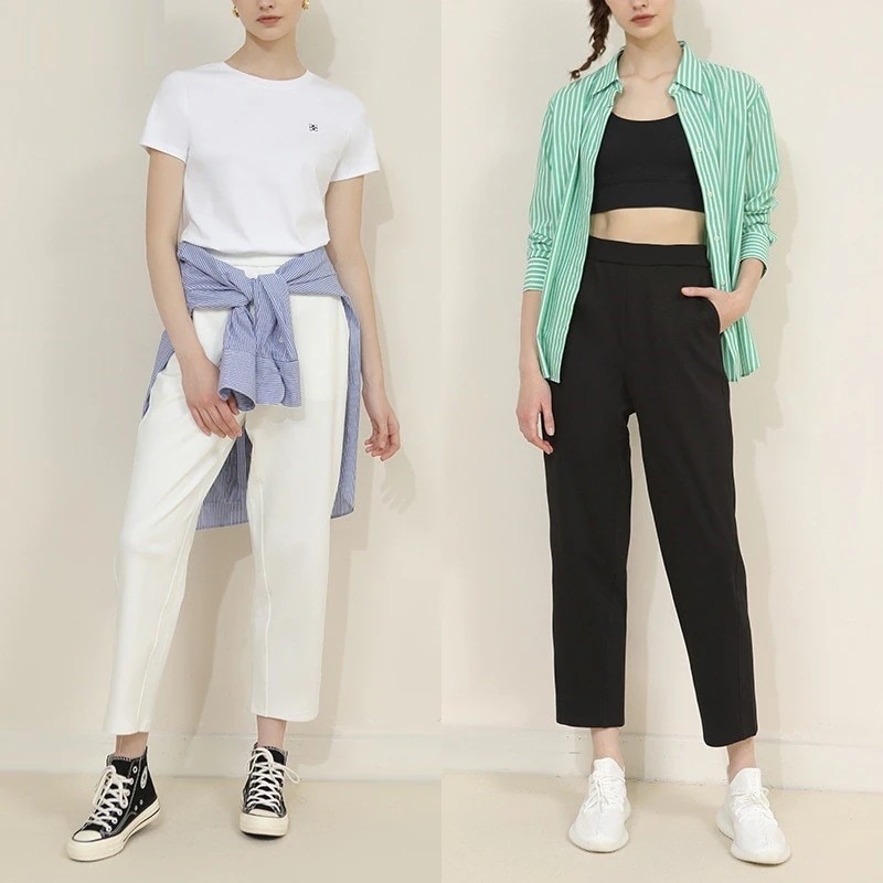 夏の薄いテーパードパンツ 九分パンツ ハーレムパンツ 着痩せウエストゴムパンツ スウェットパンツ