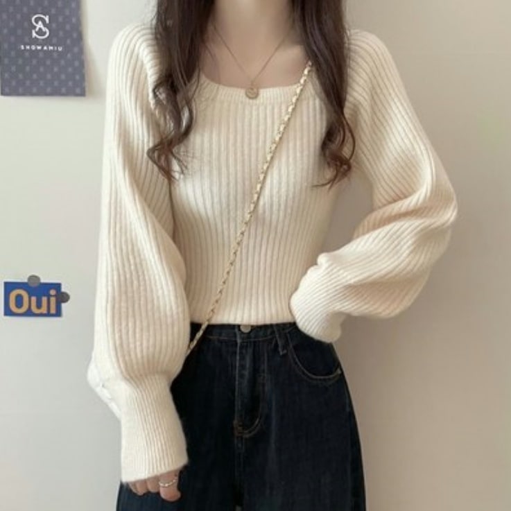 ニットセーター トップス ニットソー セーター 新作セーター ボリューム袖 萌袖 スクエアネック