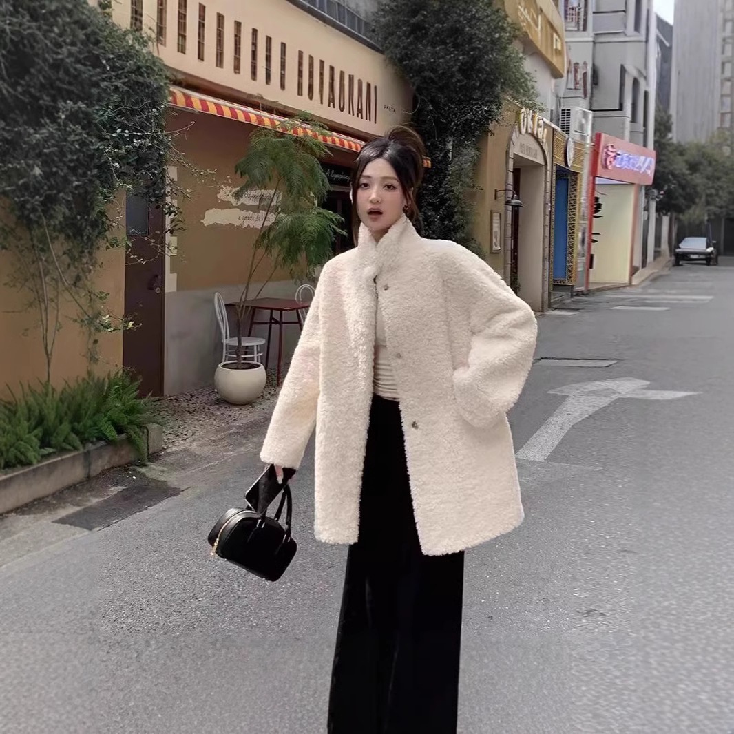 ラムウールスタンドカラーファー一体型環境に優しい毛皮コート女性用2024冬新作ミドル丈韓国風コート