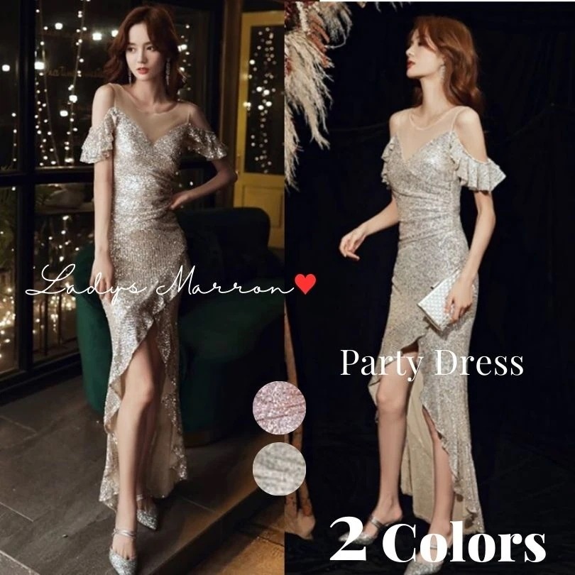【急速出荷 2025年新作】スパンコールドレス フィッシュテールドレス パーティードレス キャミドレス キャミソールドレス オフショルドレス ラップドレス ロングドレス キャバドレス 韓国 オフショル