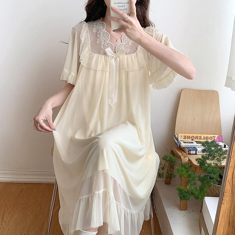 新作登場 マキシ丈 寝間着 上品 mc急速出荷カップ付き 部屋着 ウェア 可愛い 寝巻き レディース レース ワンピース おしゃれ 姫系 半袖ワンピース 5,983円