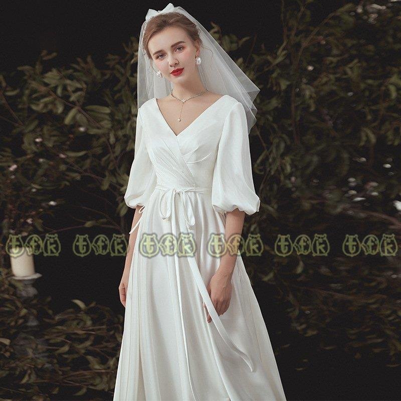 ウェディングドレス ロング丈スカート シースル 結婚式 パフスリーブ 5分袖 上等な パーティードレス お買い得品 二次