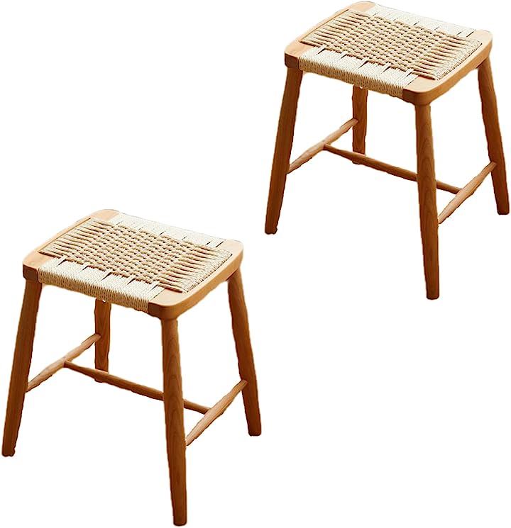 スツール 2脚セット アメリカチェリー 木製 四角 天然木 ラタン 籐 無垢材 チェア 椅子 ウッドスツール いす(ナチュラル, (2脚セット)幅42cmx奥行36cmx高さ45cm)