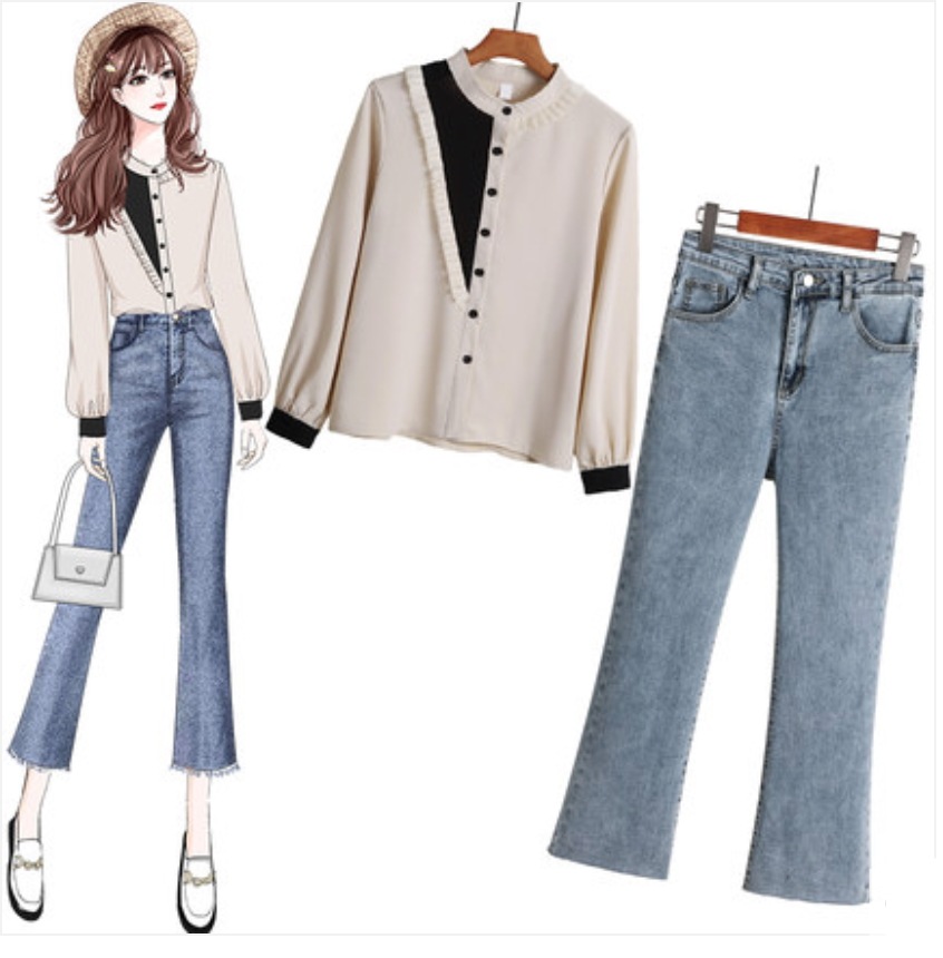 【セットアップ】ジーンズ＋バイカラーシャツ ツーピース a305