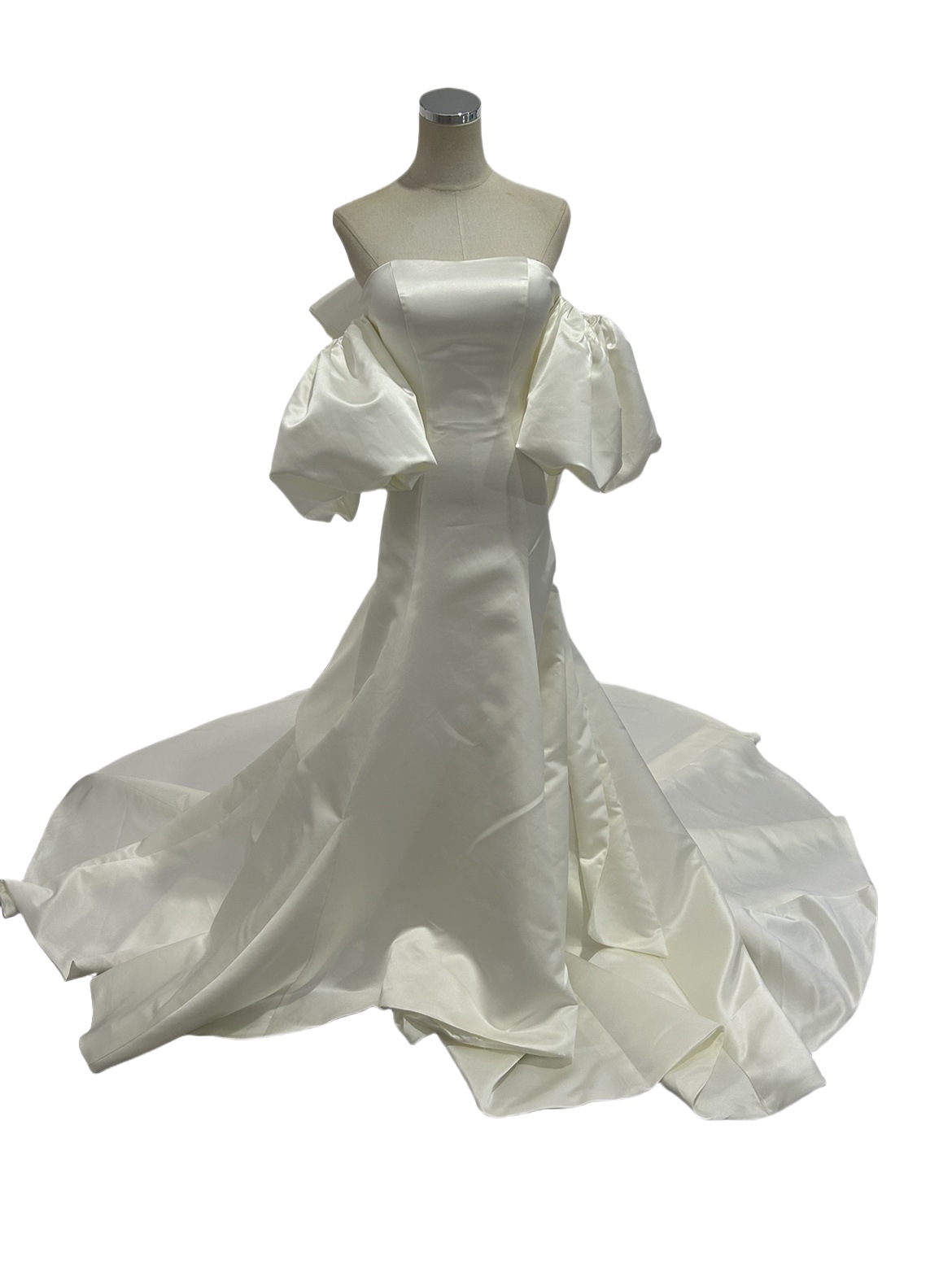 ウエディングドレス ベアトップ 取り外し袖 マーメイドライン 披露宴 豪華なバックリボン ロングトレーン