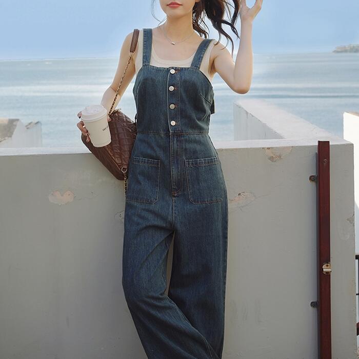 デニム サロペット オーバーオール きれいめ ロング丈 オールインワン フェミニン レディース 大人 可愛い カジュアル 楽ちん ワイドパンツ アメカジ シンプル 韓国 大きいサイズ ブルー 青 オー