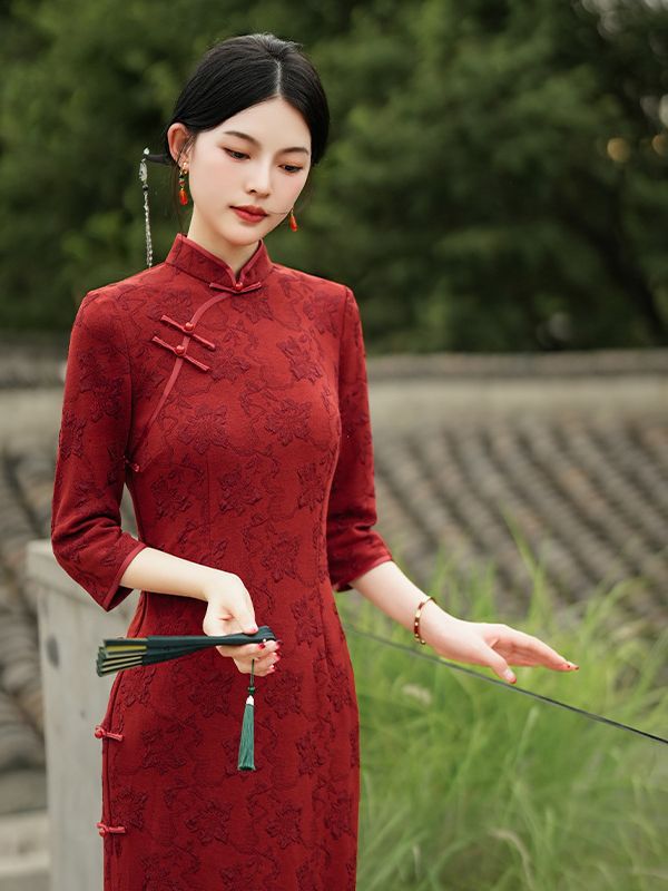 2025新作 チャイナドレス ドレス 秋冬の新しいロングスタイル気質修繕身長開叉チャイナドレス ワンピース レディース 韓国ファッション パーティードレス