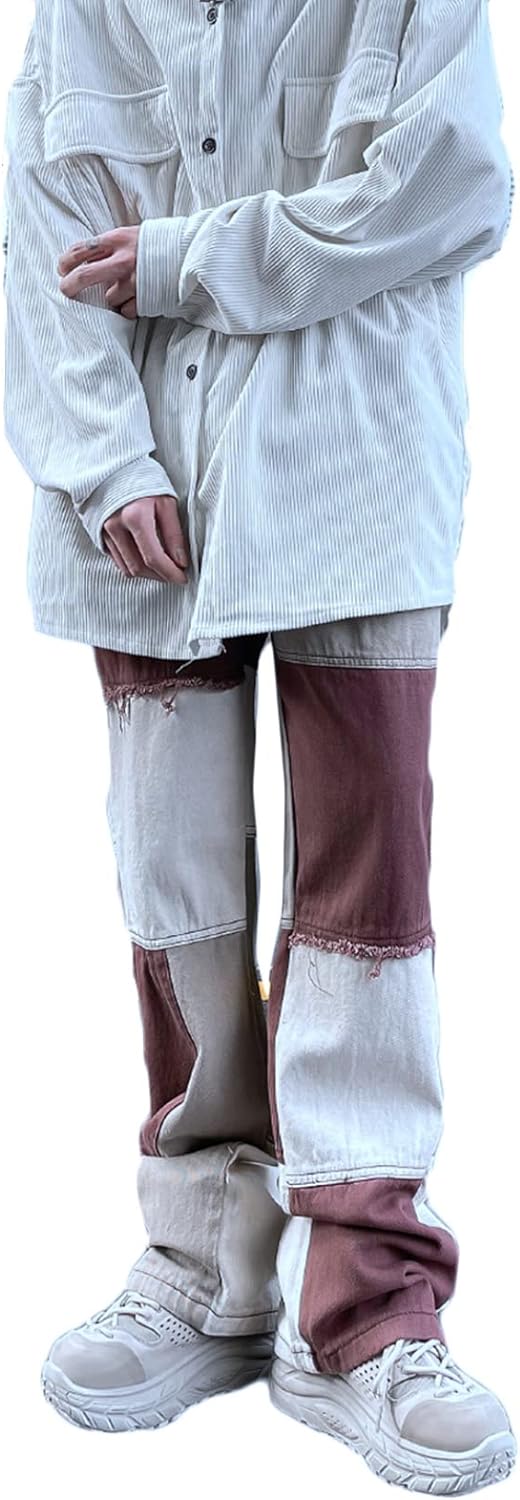 メンズ ロングパンツ 切り替え イージーパンツ ルーズ V系 マイナー デザイン性 欧米風 ヒップホップ レトロ アメカジ ズボン 男性 パッチワーク風 脚長 街着 着痩せ スタイルアップ