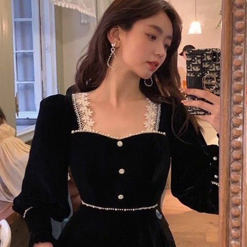 ワンピース ロングのフレンチベルベットドレスレトロ膝丈ドレスレースとウエストドレス