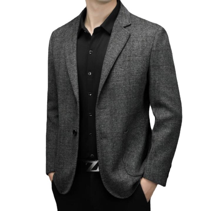 高品質保証メンズスーツ 上品 メンズジャケット 男性スーツ ビジネスジャケット ２つボタン 無地 ウール生地 あったか 保温 通勤 2色 ブラック グレー スリムスーツ 単品 20代 30代 40代