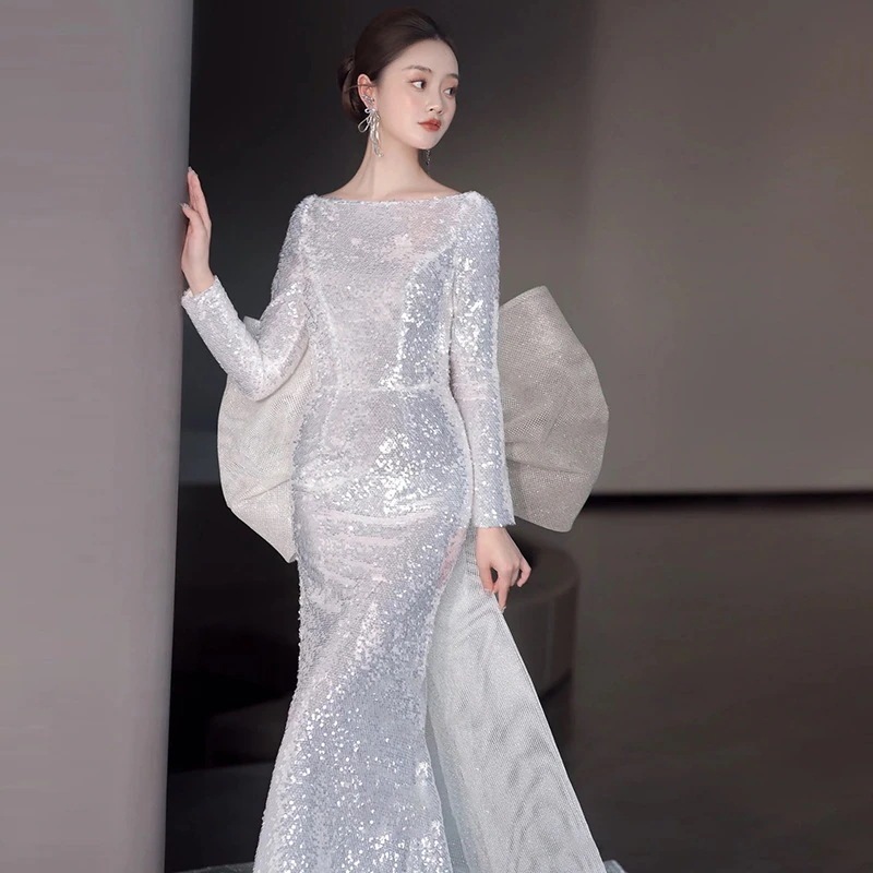 長袖パーティドレス結婚式二次会 花嫁ロングドレス年次総会ホストスパンコールフィッシュテール花嫁光のウェディングドレス