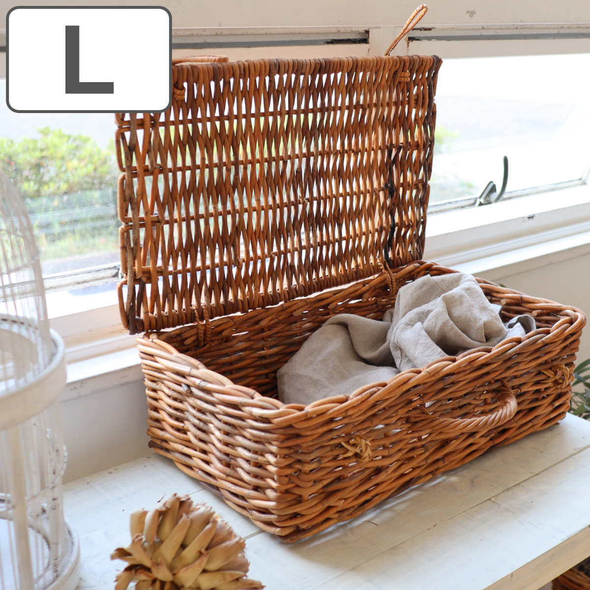 バスケット アラログ バゲッジバスケットＬ ラタン かご 収納 皮付き カゴ 長方形 天然素材 アジアン雑貨 ハンドメイド 収納かご 藤 小物収納 大きい フタ付き 手編み 小物入れ おしゃれ
